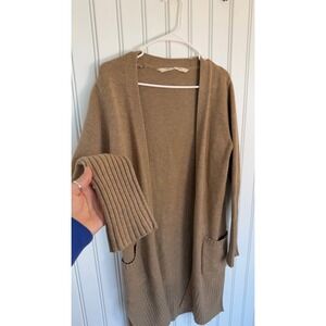 Athleta 100% merino wool sweater cardigan long knit rib natural fibers neutral